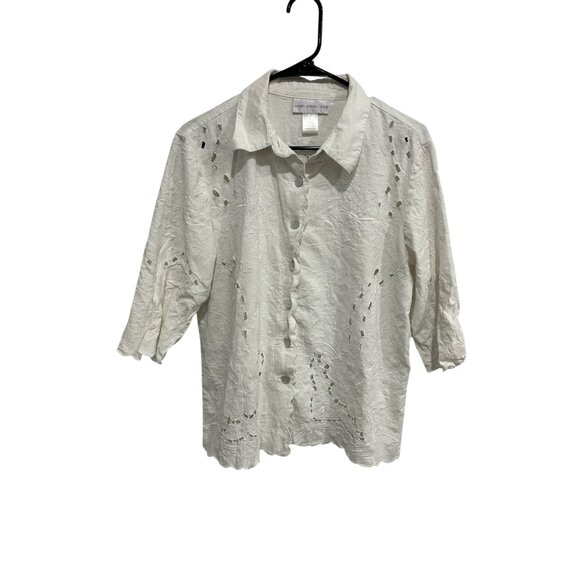 Susan Graver Embroidered Button Up Shirt Sz Large Laser Cutout Linen Bohemian - Picture 1 of 9
